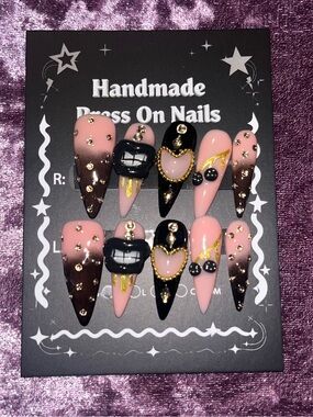 Handmade Press-On Nails — Pink & Black Glam Set